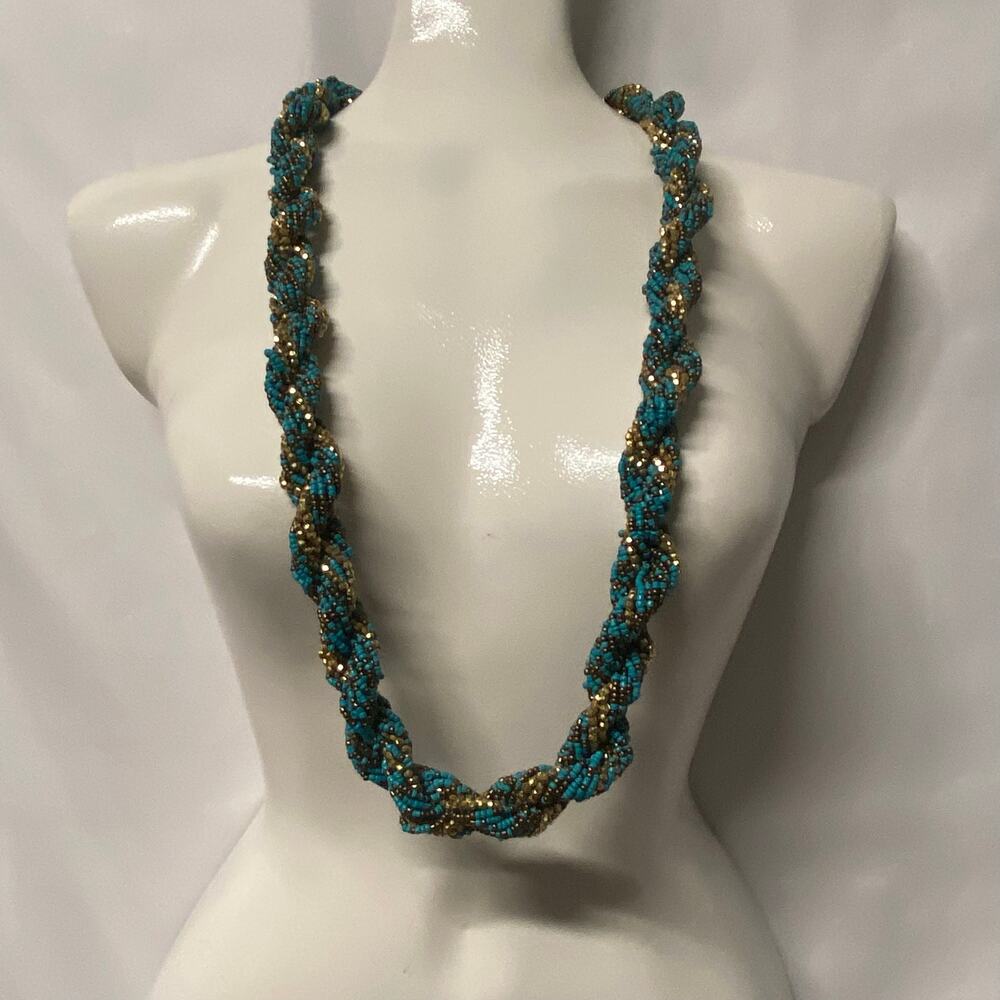 Vintage Seed Bead Multiple Strand Twisted Necklace Turquoise Gold 35" Statement